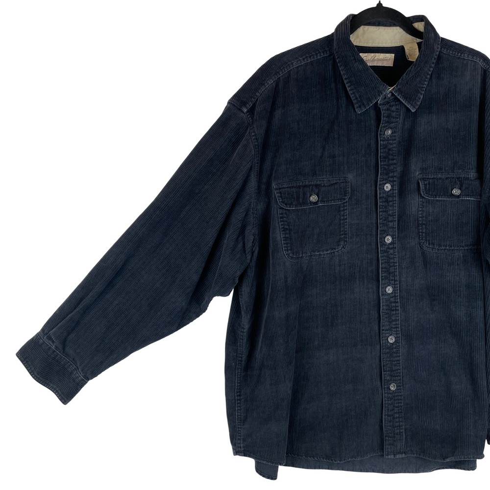 Fieldmaster Mens XL Corduroy‎ Button Down Shirt Navy Blue Cotton Long Sleeve
